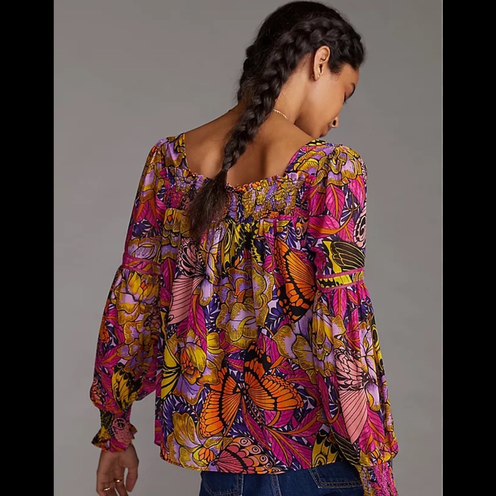 Boho Floral Butterfly Peasant Blouse - Pink Multi
